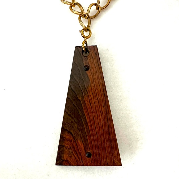 Vintage Modernist Retro Statement Necklace Wood Pendant Gold Chain 1960’s - Picture 4 of 6